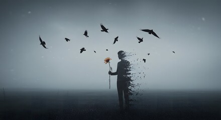 A person holding a wilted flower is shown disintegrating into a flock of crows, illustrating the themes of loss, memory, and fading away.