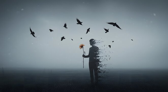 A person holding a wilted flower is shown disintegrating into a flock of crows, illustrating the themes of loss, memory, and fading away.