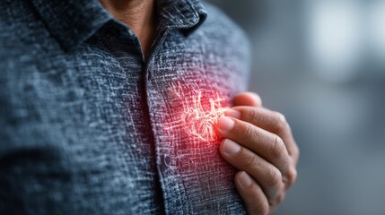 Man Touching Heart Design Glowing in Red on Dark Shirt in Blurred Background