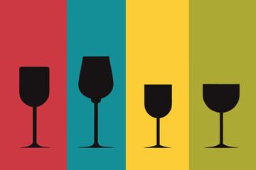 Four black silhouettes of wine glasses on a colorful background, showcasing different shapes and sizes of wine glasses for a tasting or event
