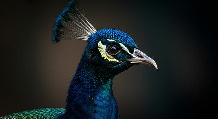A detailed headshot of a peacock, highlighting its crested feathers and the intricate textures of its iridescent blue plumage.