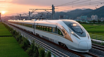 Modern high-speed train at sunset, traversing scenic countryside