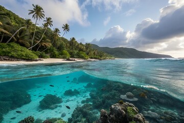 Fototapeta premium Tropical island paradise over under view with lush greenery and coral reef