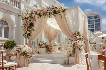 Elegant outdoor wedding ceremony setup with floral decor and draped fabrics