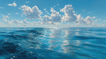 Fototapeta premium Calm ocean scene under a bright blue sky with fluffy white clouds