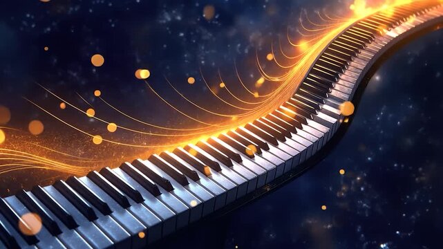 Piano keys with golden, abstract energy