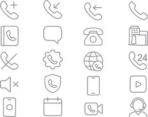 Phone and smartphone icon set. Thin line editable stroke icons. Calls, communication, messaging, smartphone apps, telecommunication, mobile services, customer support, digital communication.