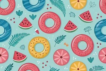 Seamless pattern of colorful inflatable pool floats and watermelon slices