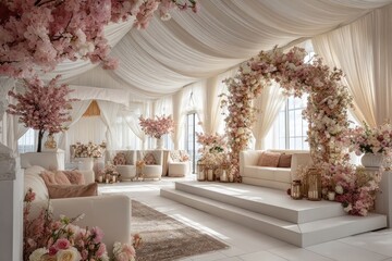 Elegant wedding setup with pastel floral decor and draped fabrics