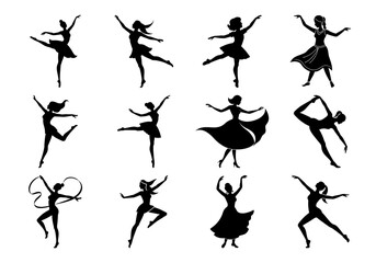 Collection of ballet dancers in various poses silhouette isolated on white background