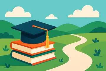 Illustration depicts graduation cap atop books leading to a path towards sunny hills and clouds.