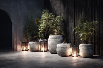 Dark patio with plants & lanterns