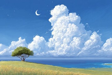 Solitary Tree by the Ocean Under a Dreamlike Sky