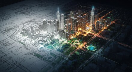 Blueprint layout transforming into glowing city