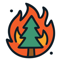 Burning tree with flames representing forest fire hazard