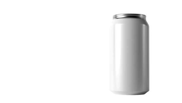 Blank white aluminum beverage can against a black background. The can is cylindrical, smooth, and has a reflective surface. A metallic lid is visible. No design or text is present