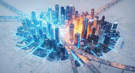 Blueprint layout transforming into glowing city
