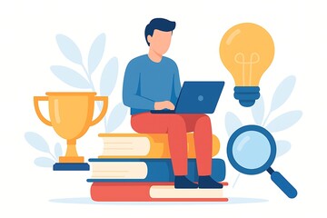 A person sits atop stacked books, working on a laptop amid symbols of success and learning.