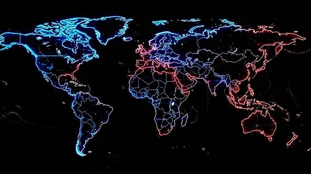 A world map outlined in neon blue and red lights against a black background displaying continents