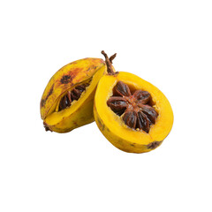 Two Halves of a Ripe Yellow Annatto Fruit with Visible Seeds