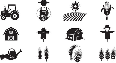 Agriculture, farming silhouette icon set. harvest, plant symbols collection.