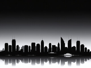 Obraz premium Monochromatic silhouette of a modern metropolitan city skyline with reflection.