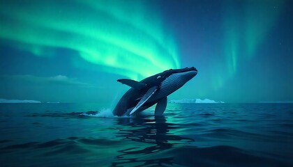 Majestic whale breaching beneath the stunning Northern Lights spectacle over icy arctic waters