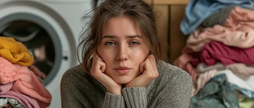 A distressed young lady with a mountain of filthy laundry at the washing machine