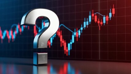 A reflective question mark stands before a fluctuating stock market chart on a dark background - Powered by Adobe
