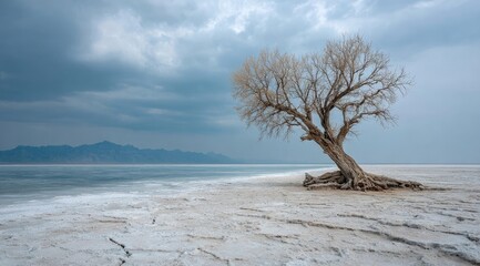 Lone tree on salt flat under stormy sky