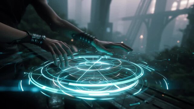 Hands Interacting with Glowing Teal Interface Futuristic City Ruins Background