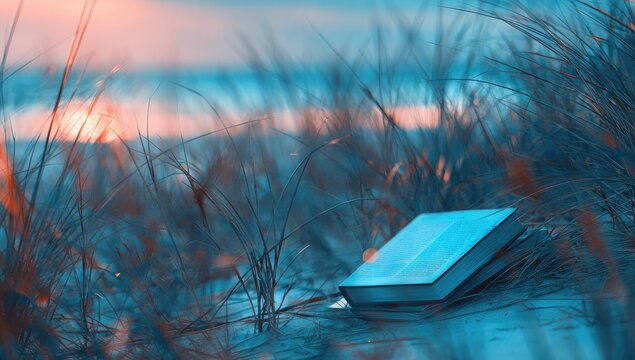 Soft-hued book on a beach at sunset