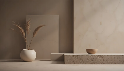Minimalist Still Life with Pampas Grass and Ceramic Bowl on Stone Plinth