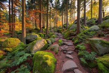 Autumnal Forest Path: A Serene Walk Through Mossy Rocks and Golden Trees