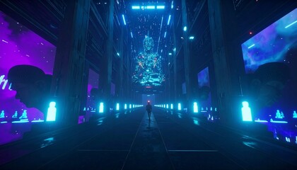 Obraz premium Cyberpunk Temple Hallway with Person and Futuristic Buddha Statue Concept Art