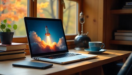 Inspiring startup rocket launch on laptop screen in cozy home office setting with coffee nearby