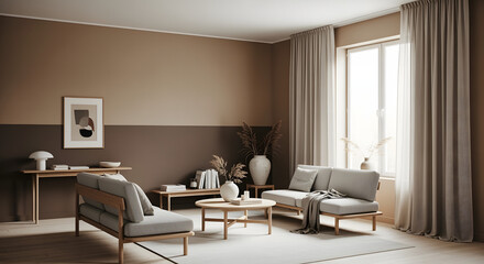 A computer-generated image of a modern living room with Japandi-style decor. Minimalist interior featuring earthy tones, wooden furniture, and natural light.