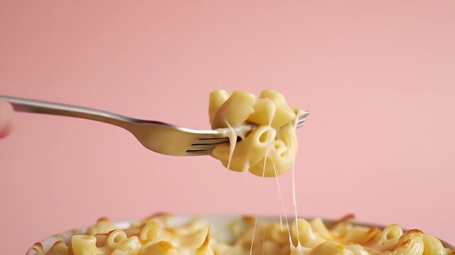Creamy Macaroni and Cheese with Melted Cheese Strings on Fork on Pink Background