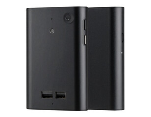 Obraz premium Slim Power Bank Device with USB Ports and LED Indicator, Front Angle, isolated on transparent background