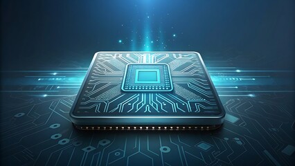Close up of a glowing blue central processing unit on a circuit board with light streaks processor microchip