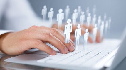 A hand typing on a laptop keyboard with a group of digital icons representing people.