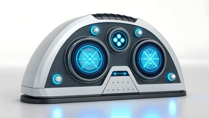 Futuristic electronic device with glowing blue circular displays and buttons on a white background technology