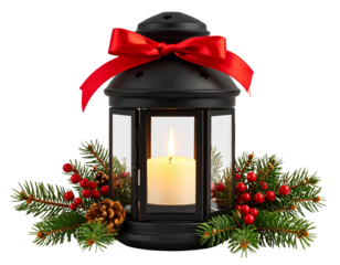 Christmas Candle in Lantern with Evergreen Garland – Transparent PNG (3)