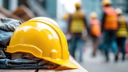 A yellow hard hat and construction vest on a wooden surface with blurred construction workers in the background.
