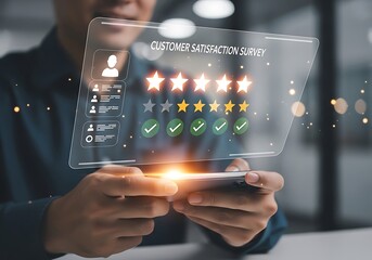 Photo of customer satisfaction survey with five stars rating and checkmarks on a transparent screen held by a person using a smartphone
