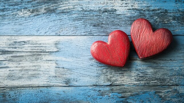 Two red wooden hearts on a blue wooden background. The concept of love and romance. The image emphasizes the warmth and affection of the hearts. - Powered by Adobe