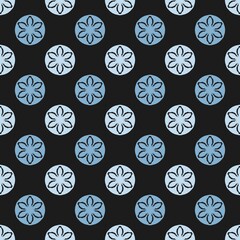 Seamless pattern of blue flowers in circles on a black background. Perfect for modern home decor, digital art, and contemporary fashion.