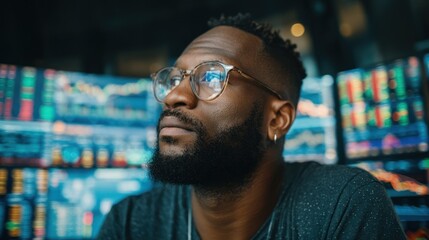 A man wearing glasses and a dark shirt, sitting in front of a computer screen displaying stock market data.
