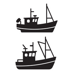  Fishermen boats trawlers set isolated vectors silhouettes White Background.