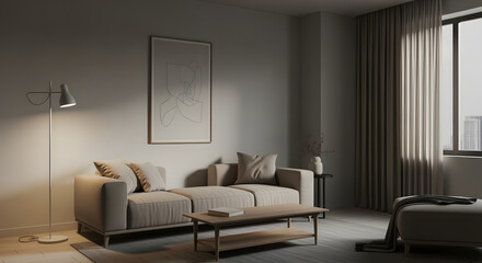 Cozy modern living room interior with a comfortable beige sofa under the warm glow of a floor lamp. Minimalist and elegant home design.